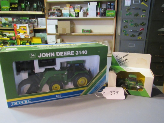 diecast JD "3140" tractor with 3 attachments & JD 4WD tractor W/box