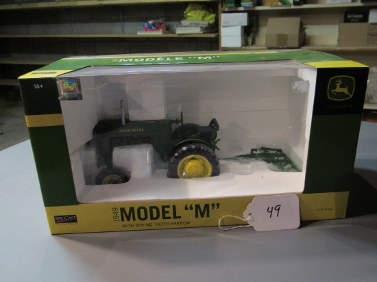 diecast JD 1949 "M" tractor & spring tooth harrow W/ box