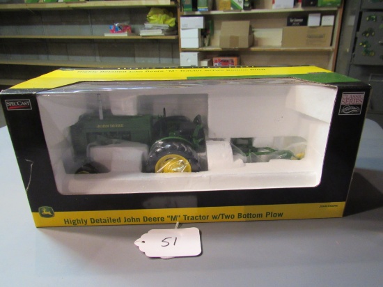 diecast JD highly detailed "M" tractor & 2 bottom plow W/ box