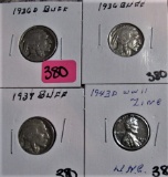 1936-D, 36, 37, Buffalo Nickels, 43-D Zinc Cent