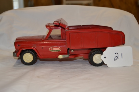 Tonka diecast red Jeep pickup with dump bed