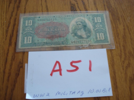 WW2 MILITARY $10.00 DOLLAR BILL -US