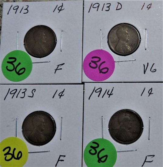 1913 P,D,S and 1914P Lincoln Cents