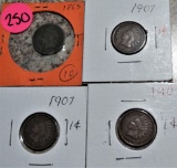 (3) 1907, (1) 1865 Indian Head Cents