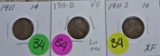 1911 P,D,S Lincoln Cents