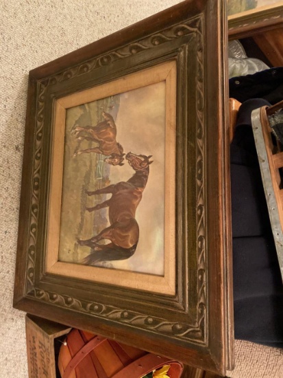 Framed horse and fowl painting