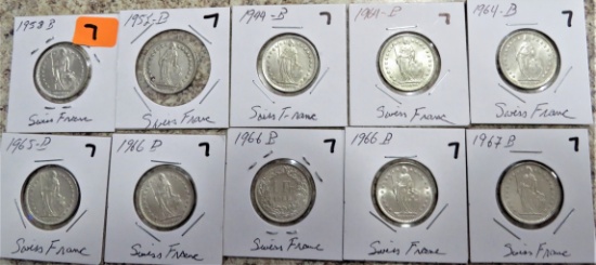 10 Silver Swiss France Coins