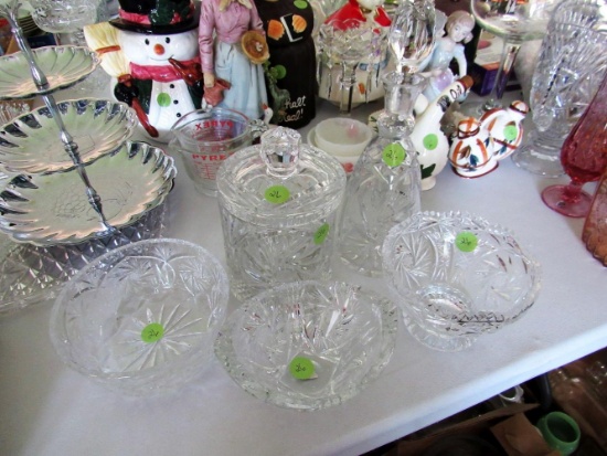 Glass Jar, Wine Decanter, and 3 Candy Bowls