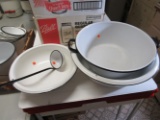 4 Piece Enamel 3 Large Round Bowls and 1 Ladle