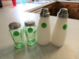White Milk Glass and Green Glass Salt and Pepper Shakers