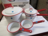 4 pieces of enamel pot, double boiler and 2 small pots (red)
