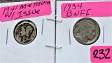 1941 Mercury Dime, 1934 Buffalo Nickel