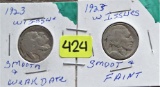 (2) 1923 Buffalo Nickels