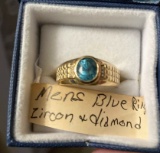 Men's 14K YG Ring Blue Zircon & Diamonds