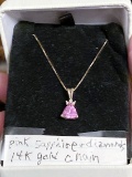 14K YG Pink Sapphire & Diamond Pendant 14K Chain