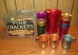 Colored aluminum pitcher & glasses and 3 cups