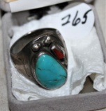 Silver Ring Southwest Turquoise and Coral