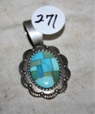 925 Sterling Inlay Silver 4 Color Turquoise Pendant R Half Moon Signed