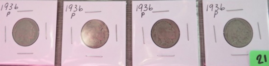 4 1936-P Buffalo Nickels