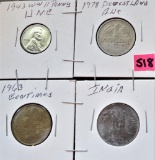 1943 Zinc Cent, 1978 Deutsche, 1963 Centimes, India