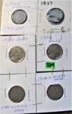 (2) Indian Heads, (2) Buffalo Nickels, (2) V Nickels