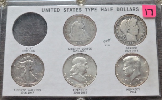 5 Coin United States Type Half Dollars