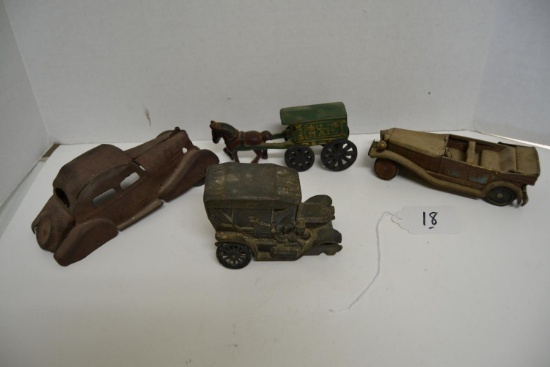 2 metal cars, 1 cast-iron horse & buggy, 1 cast iron auto bank