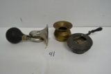 bike horn, mini brass spittoon, vintage ashtray