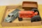 3 metal farm implements, tractor, truck and wagon