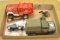 4 toy vehicles, army truck, fire truck, pickup bells