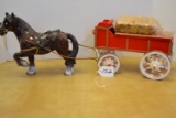 plastic horse & wood wagon W/ hay bale