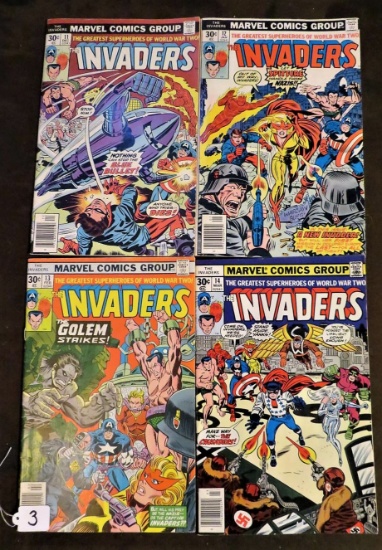 Marvel Comic "The Invaders" #11 Dec76, #12 Jan77,#15 Feb77, #14 Mar77