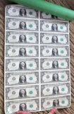 16 Uncut $1 Federal Reserve Notes