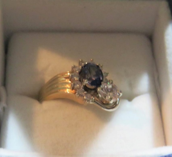 Blue Saffire and large diamond ring 14K gold