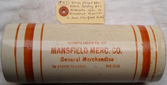 Brown Stripped Adv. Crock Rolling Pin Mansfield Merc. Co.