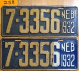 Pair 1932 NE License Plates 7-3356