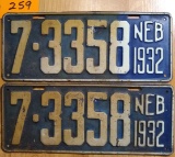 Pair 1932 NE License Plates 7-3358