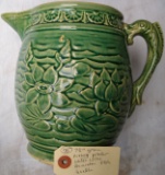 Green Stoneware Pitcher Water Lilly Decoration Fish Handle