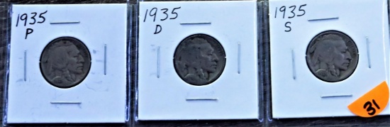 3 Buffalo Nickels 1935 P-D-S