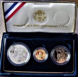 1991 WW2 $5 GOLD, Silver Dollar, Clad Half