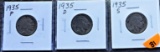 3 Buffalo Nickels 1935 P-D-S
