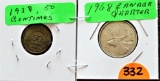 1934 50 Centimes, 1968 Canada Quarter