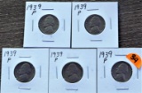 (5) 1939-P Jefferson Nickels