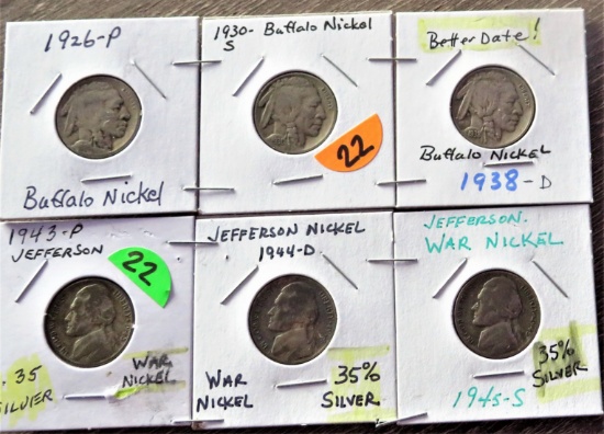 (3) Buffalo Nickels, (3) Jefferson Nickels