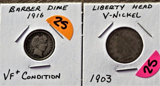 1916 Barber Dime, 1903 V Nickel