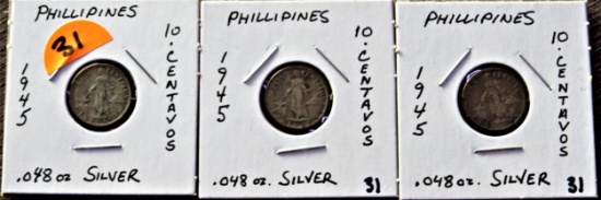 (3) 1945 Philippine 10 Centavos