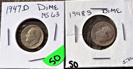 1947-D, 1948-S Silver Dimes