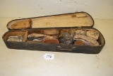 Fiddle case filled with petrified rocks and shells