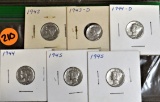 6 Mercury Dimes 43PD,44PD, 45P, 45P