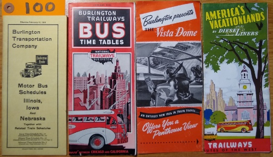 (4) Burlington Trailways Bus/Railroad Maps/Schedules - 1933-1942 ...